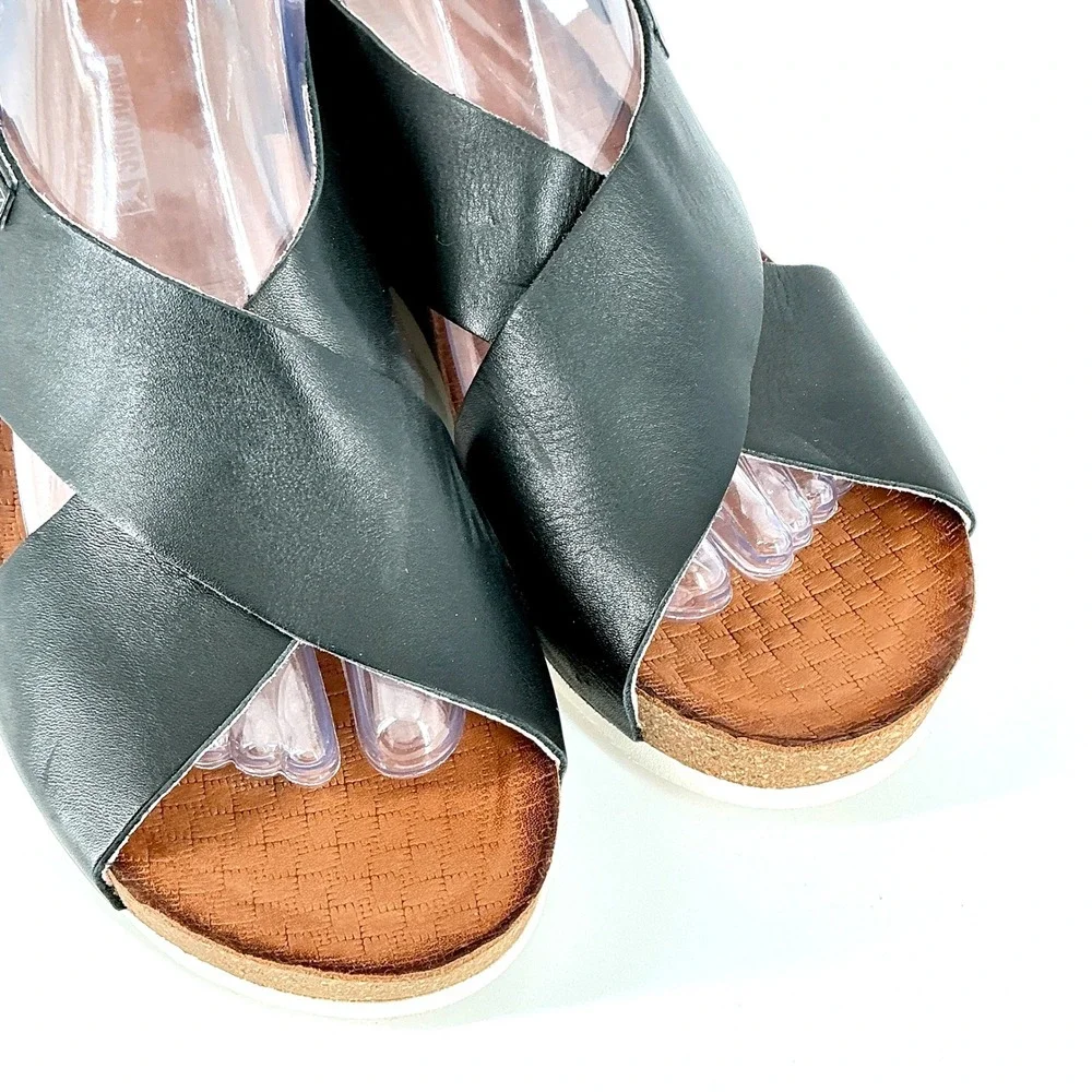 Pikolinos Black Size 9.5 Leather Crisscross Wedge Slingback Sandals Mahon Spain - Picture 2 of 13